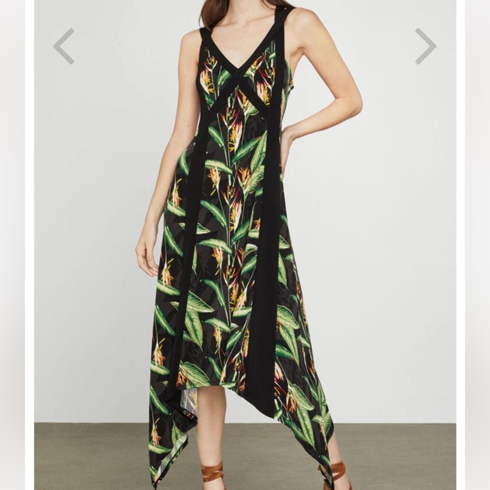 Leafy green patterned stretch material strappy dress. BCBG, size XL